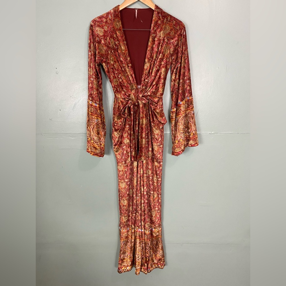 Free People Harper Velvet Paisley Jumpsuit Yellow Red Size XS - Picture 2 of 7